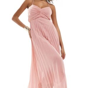 ASOS DESIGN pleated bodice strappy midi dress with tie back blush pink